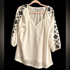 Old Navy sheer cream dress shirt with black embroidery on sleeves